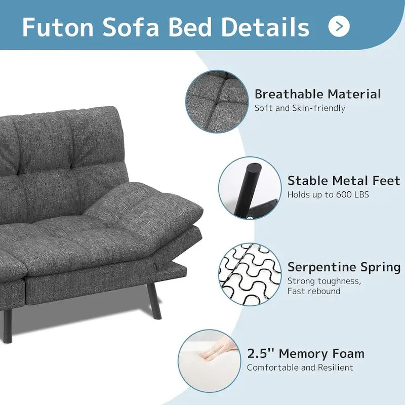 Futon moderne en mousse à mémoire de forme avec accoudoirs réglables