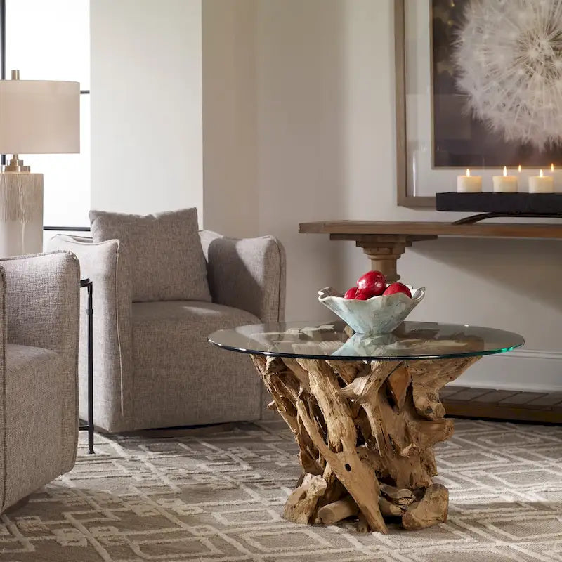 Natural Teak Driftwood & Glass Top Cocktail Table