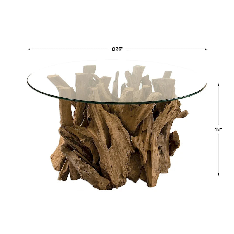 Table basse en teck naturel flotté et plateau en verre