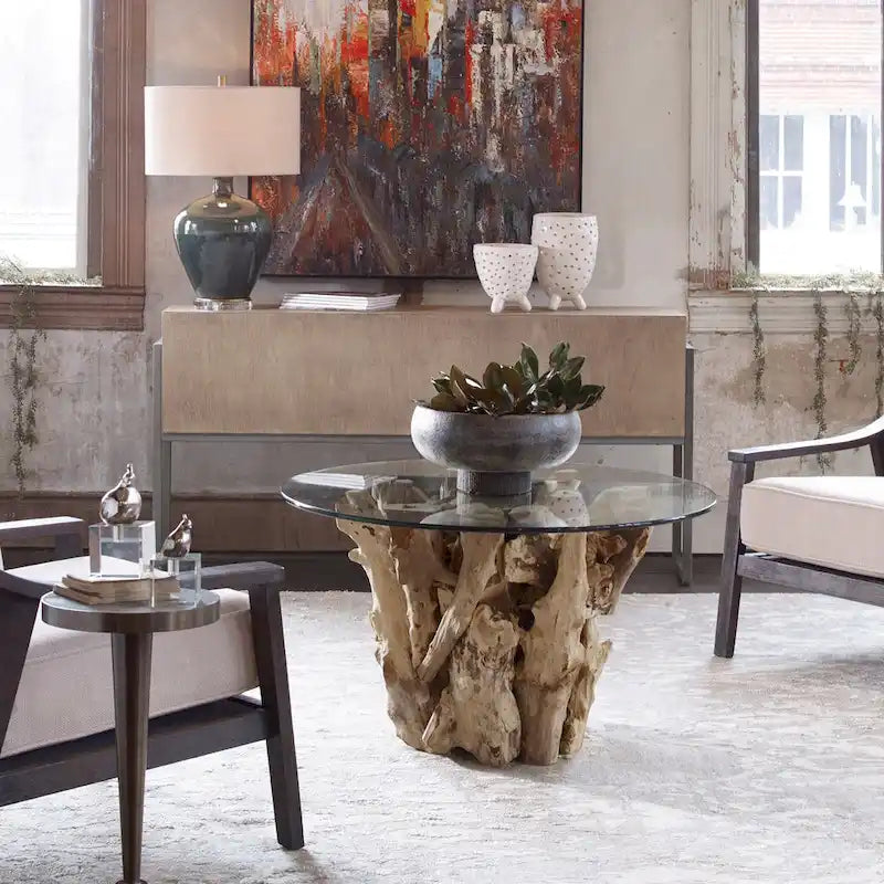 Table basse en teck naturel flotté et plateau en verre