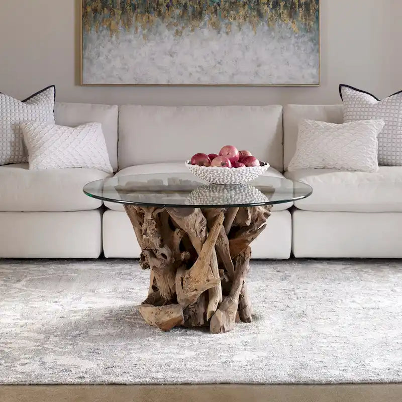 Natural Teak Driftwood & Glass Top Cocktail Table