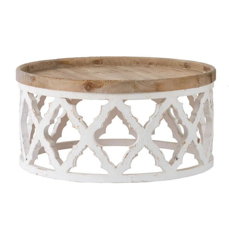32" Round Coffee Table with Quatrefoil Lattice Design, Brown & White