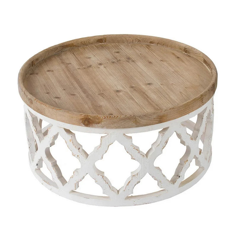 32" Round Coffee Table with Quatrefoil Lattice Design, Brown & White
