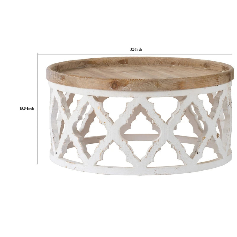 32" Round Coffee Table with Quatrefoil Lattice Design, Brown & White
