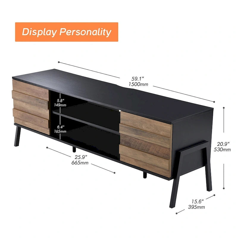 Meuble TV Mid-Century Modern pour écran plat jusqu'à 65", bois, 59"