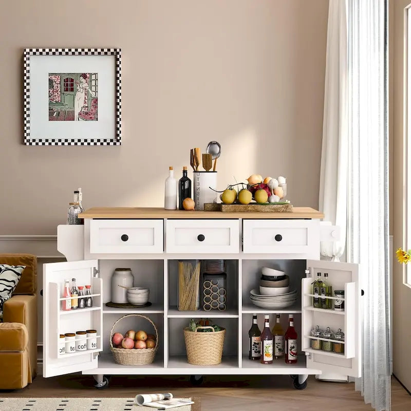 Desserte de cuisine à roulettes avec plan de travail rabattable en bois d'hévéa, îlot de cuisine à 5 roulettes avec rangements et 3 tiroirs