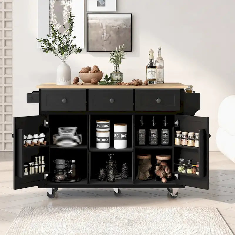 Roomfitters Kitchen Cart with Rubber wood Drop-Leaf Countertop, 5-Wheel Kitchen Island with Storage Cabinet & 3 Drawers