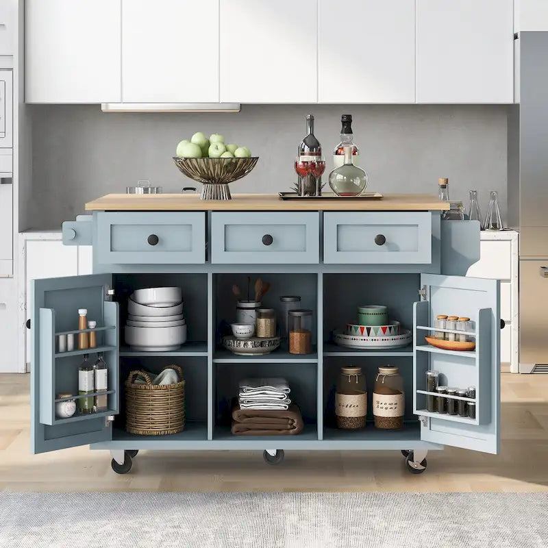 Desserte de cuisine à roulettes avec plan de travail rabattable en bois d'hévéa, îlot de cuisine à 5 roulettes avec rangements et 3 tiroirs