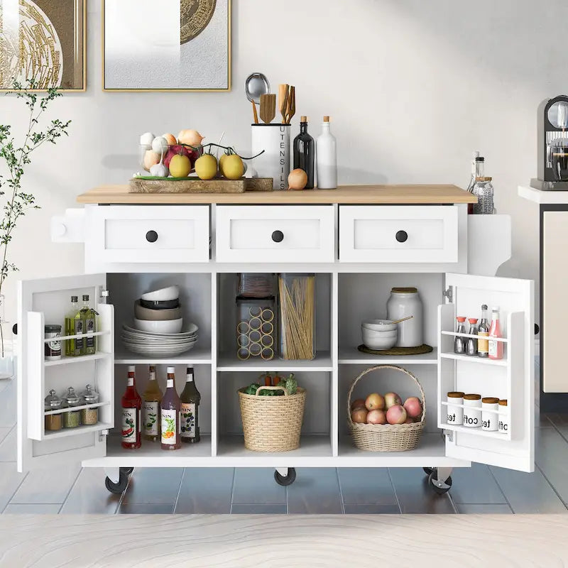 Desserte de cuisine à roulettes avec plan de travail rabattable en bois d'hévéa, îlot de cuisine à 5 roulettes avec rangements et 3 tiroirs
