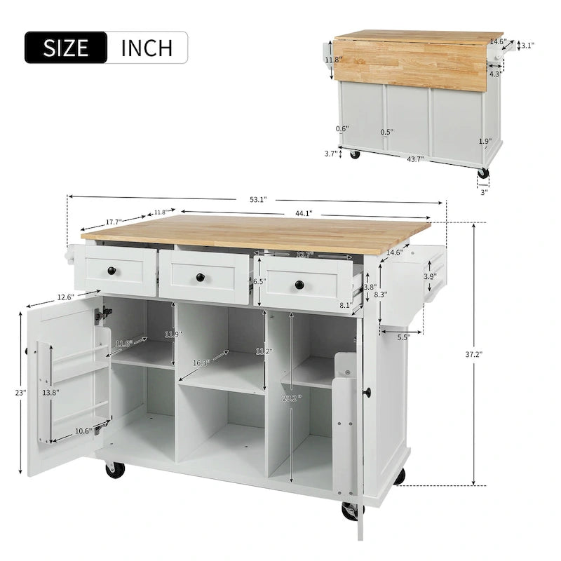 Desserte de cuisine à roulettes avec plan de travail rabattable en bois d'hévéa, îlot de cuisine à 5 roulettes avec rangements et 3 tiroirs