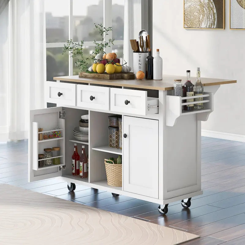 Desserte de cuisine à roulettes avec plan de travail rabattable en bois d'hévéa, îlot de cuisine à 5 roulettes avec rangements et 3 tiroirs