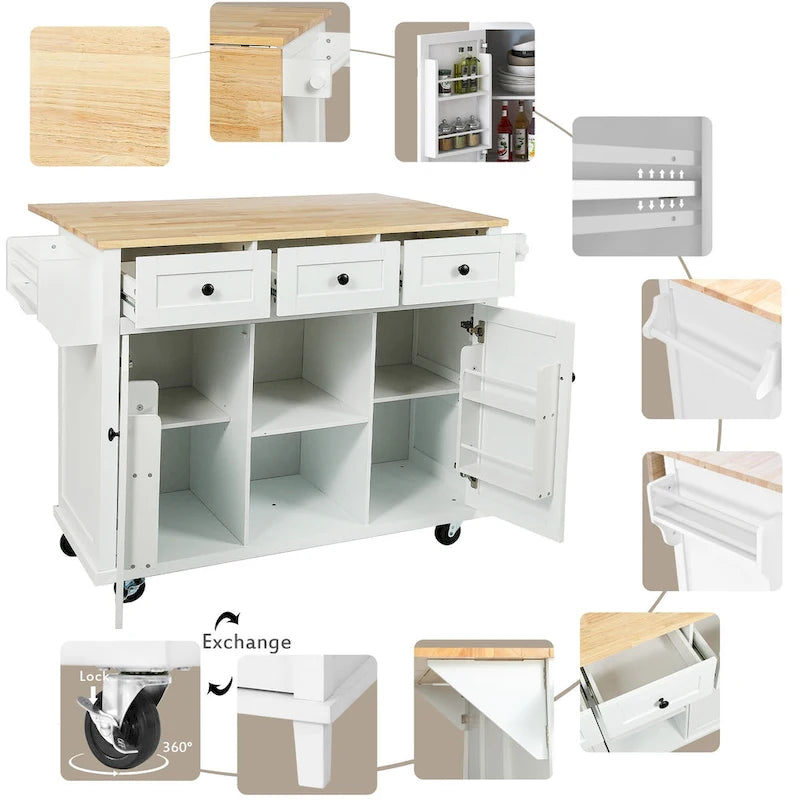 Desserte de cuisine à roulettes avec plan de travail rabattable en bois d'hévéa, îlot de cuisine à 5 roulettes avec rangements et 3 tiroirs