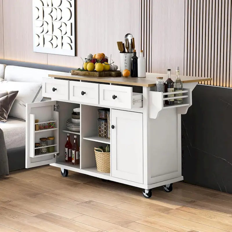 Desserte de cuisine à roulettes avec plan de travail rabattable en bois d'hévéa, îlot de cuisine à 5 roulettes avec rangements et 3 tiroirs