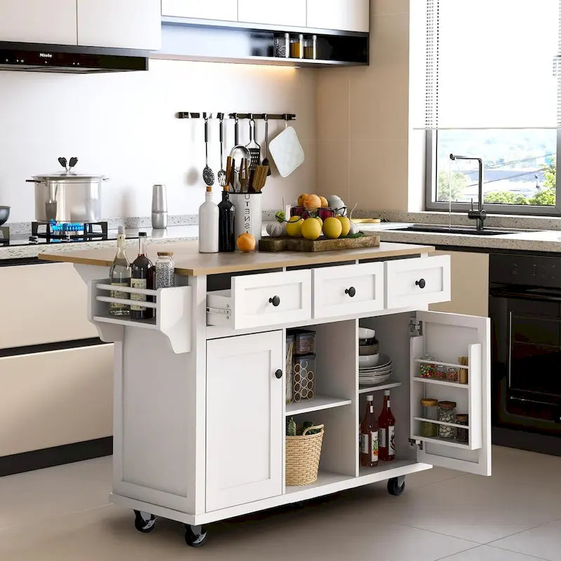 Desserte de cuisine à roulettes avec plan de travail rabattable en bois d'hévéa, îlot de cuisine à 5 roulettes avec rangements et 3 tiroirs