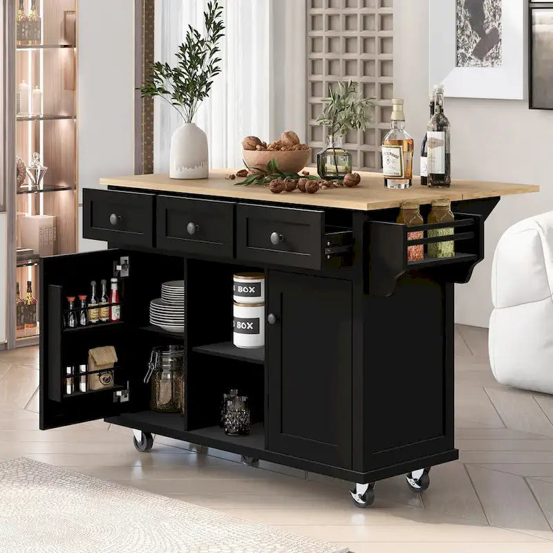 Desserte de cuisine à roulettes avec plan de travail rabattable en bois d'hévéa, îlot de cuisine à 5 roulettes avec rangements et 3 tiroirs