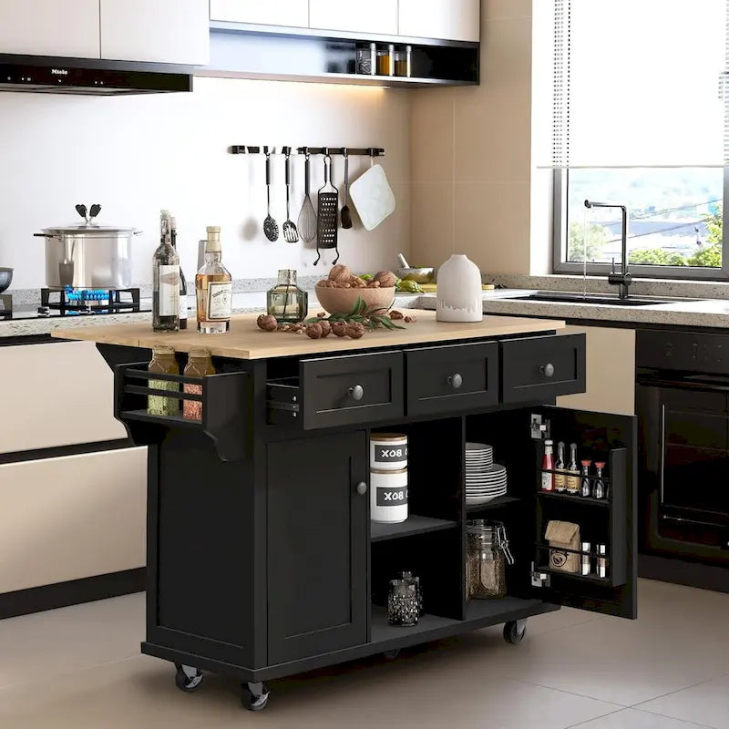 Desserte de cuisine à roulettes avec plan de travail rabattable en bois d'hévéa, îlot de cuisine à 5 roulettes avec rangements et 3 tiroirs