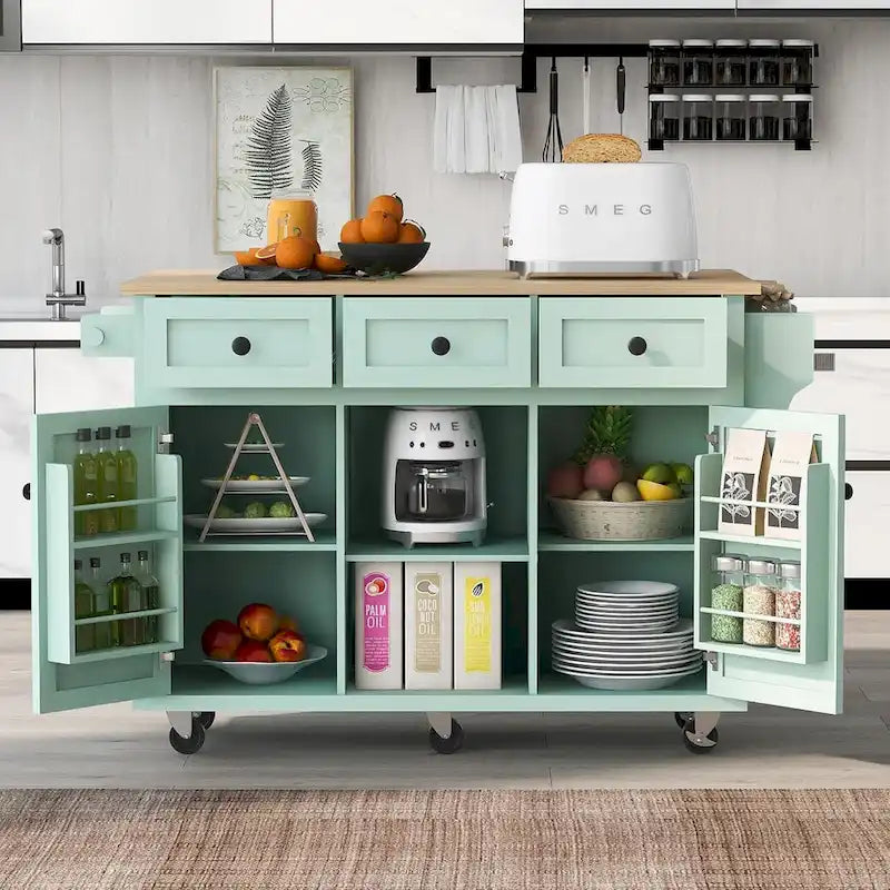 Desserte de cuisine à roulettes avec plan de travail rabattable en bois d'hévéa, îlot de cuisine à 5 roulettes avec rangements et 3 tiroirs