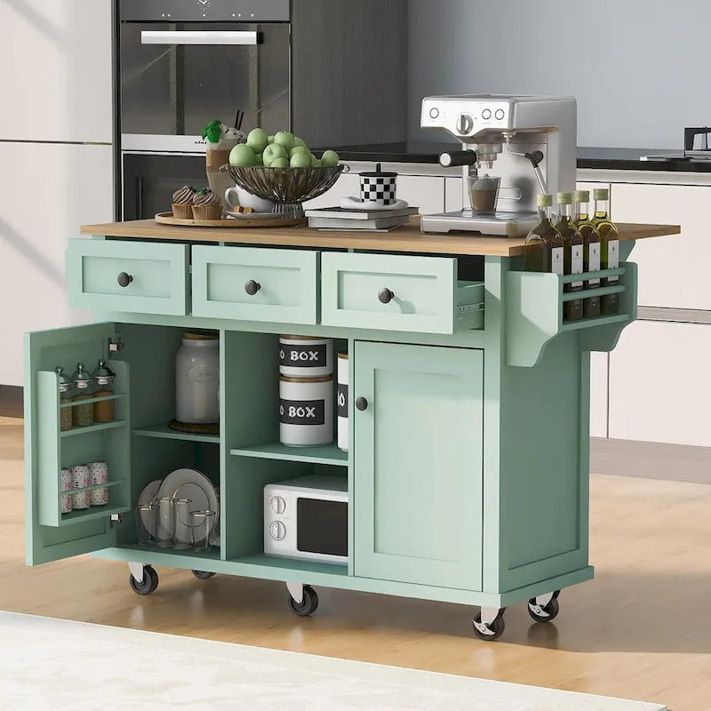 Desserte de cuisine à roulettes avec plan de travail rabattable en bois d'hévéa, îlot de cuisine à 5 roulettes avec rangements et 3 tiroirs