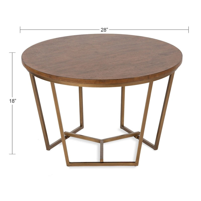 Round Wood and Metal Coffee Table, Walnut & Gold, 28"
