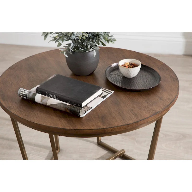Round Wood and Metal Coffee Table, Walnut & Gold, 28"