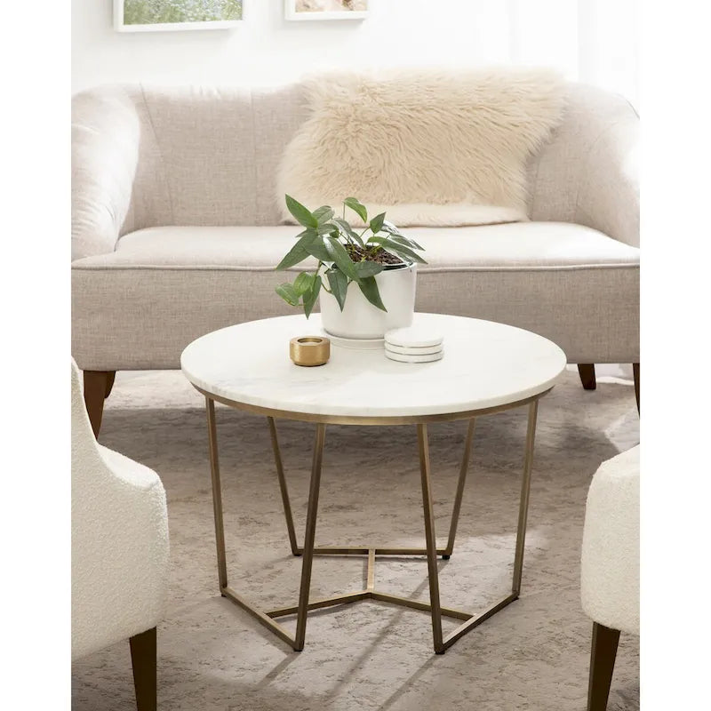 Round Wood and Metal Coffee Table, Walnut & Gold, 28"