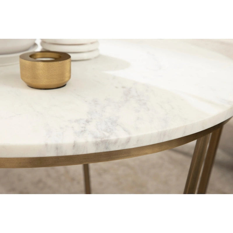 Round Wood and Metal Coffee Table, Walnut & Gold, 28"