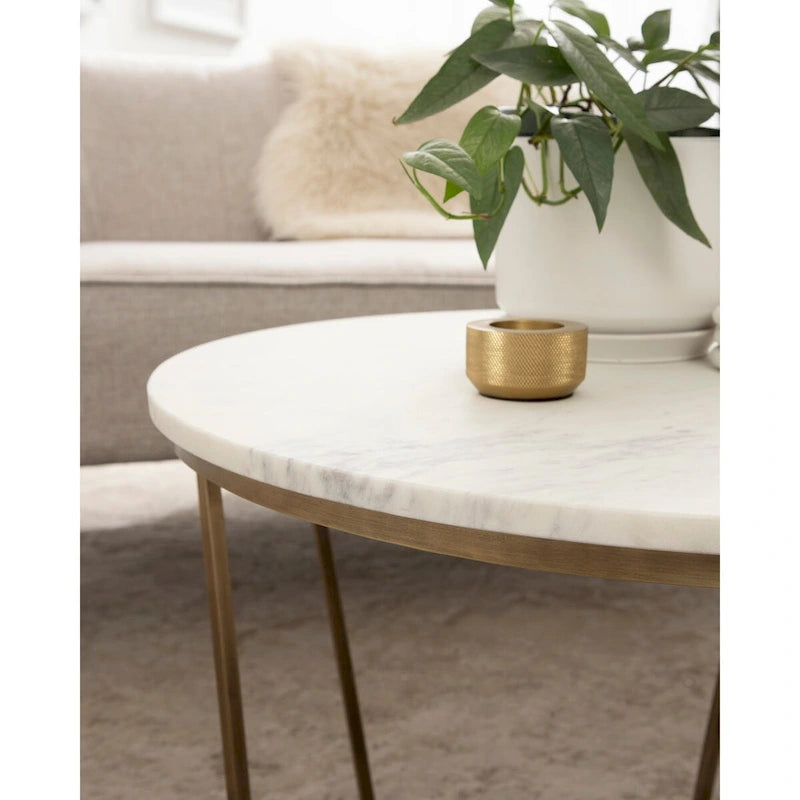 Table Basse Ronde en Bois et Métal, Noyer et Doré, 71 cm
