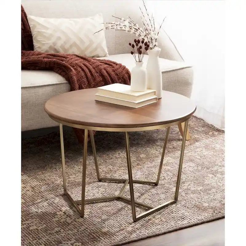 Table Basse Ronde en Bois et Métal, Noyer et Doré, 71 cm