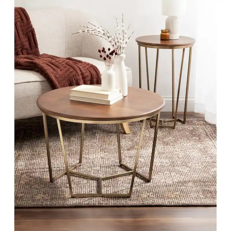 Table Basse Ronde en Bois et Métal, Noyer et Doré, 71 cm