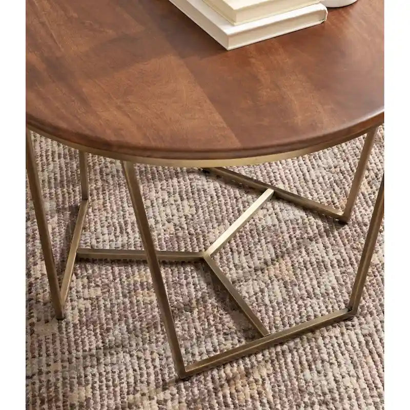 Table Basse Ronde en Bois et Métal, Noyer et Doré, 71 cm