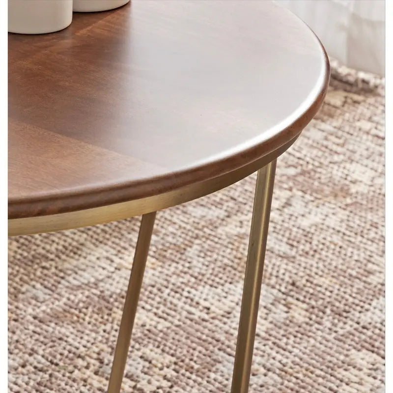 Table Basse Ronde en Bois et Métal, Noyer et Doré, 71 cm