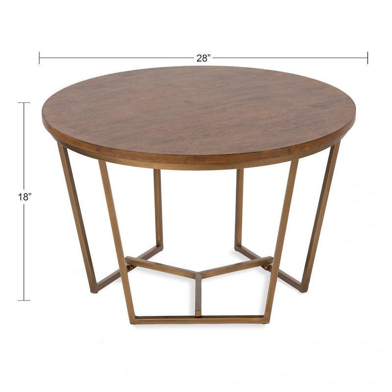 Table Basse Ronde en Bois et Métal, Noyer et Doré, 71 cm