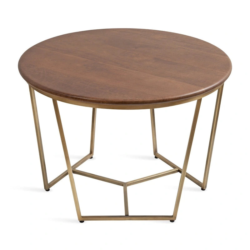 Table Basse Ronde en Bois et Métal, Noyer et Doré, 71 cm