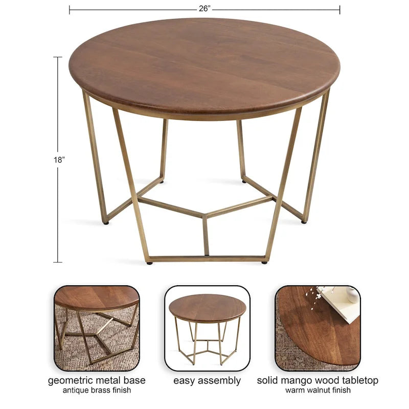 Table Basse Ronde en Bois et Métal, Noyer et Doré, 71 cm