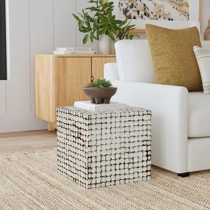 Distressed Natural Coconut Shell Cube Accent Table