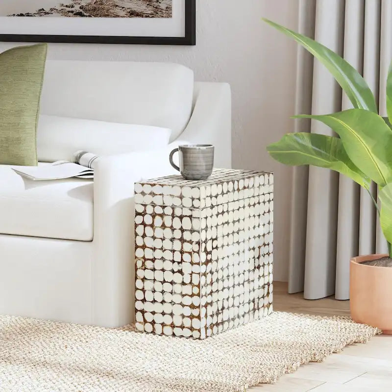 Distressed Natural Coconut Shell Cube Accent Table