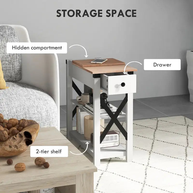 1-Drawer Side Table with 2 USB Ports, 1 Outlet and Shelves