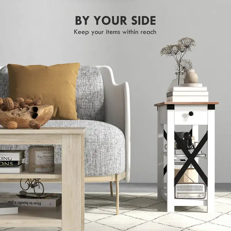 1-Drawer Side Table with 2 USB Ports, 1 Outlet and Shelves
