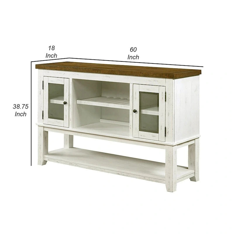 60" Rustic Farmhouse Wood Server with 2 Glass Door Cabinets