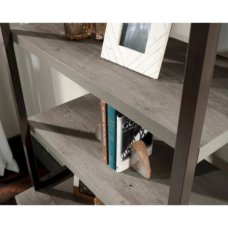 Meuble bibliothèque ouvert avec 2 étagères, finition chêne Mystic