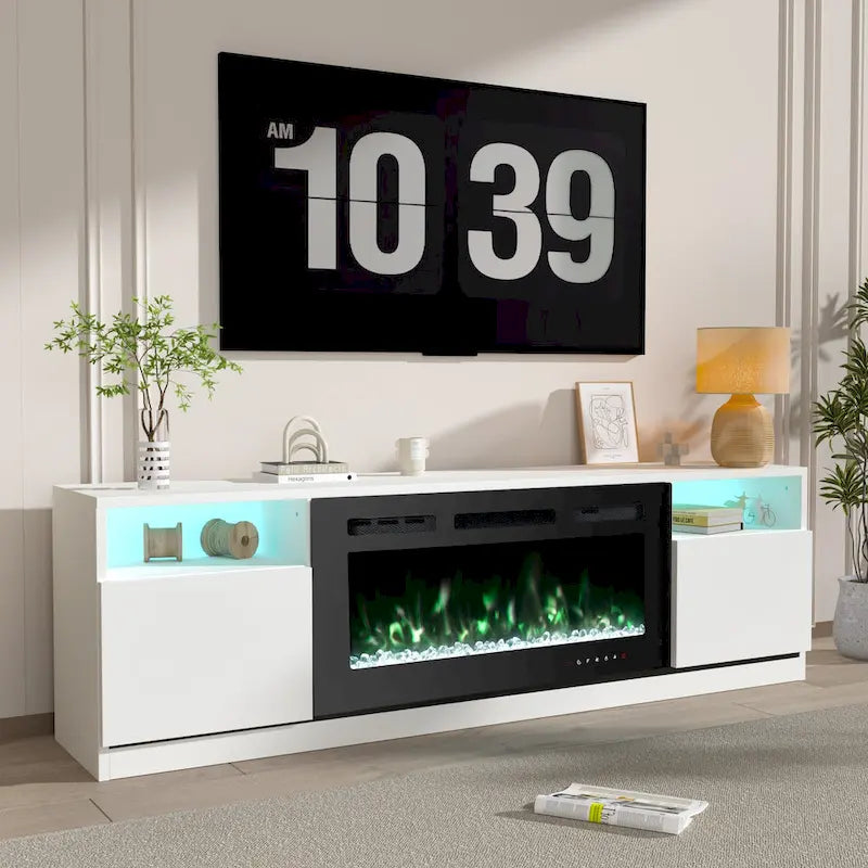 Meuble TV avec cheminée électrique de 36 pouces, meuble de divertissement et console pour téléviseurs jusqu'à 80 pouces pour le salon - 185 cm de large
