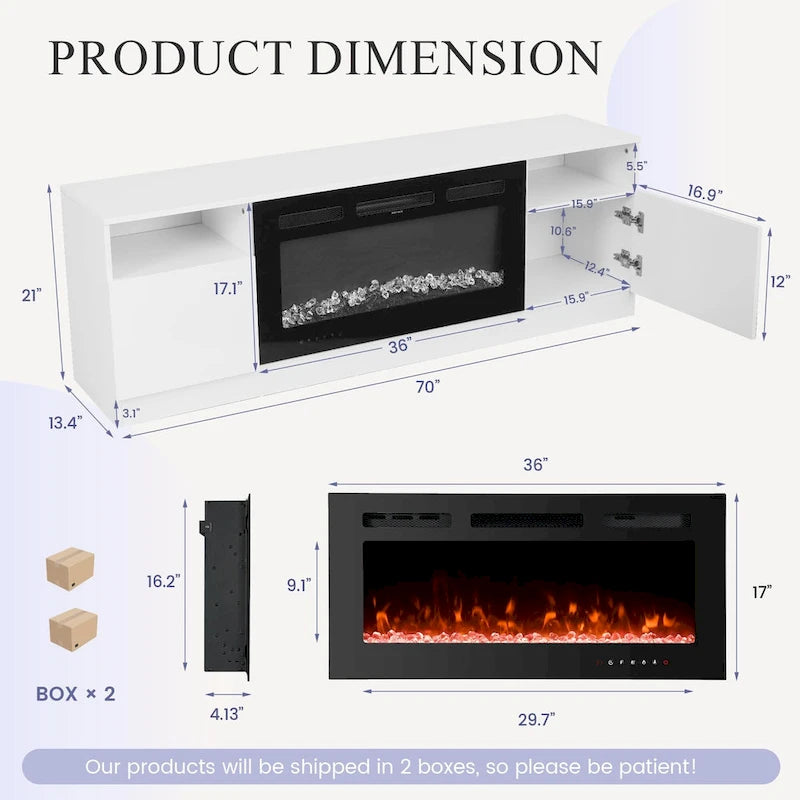 Meuble TV avec cheminée électrique de 36 pouces, meuble de divertissement et console pour téléviseurs jusqu'à 80 pouces pour le salon - 185 cm de large