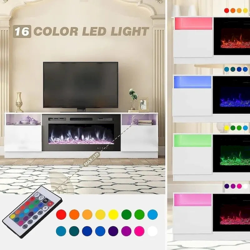 Meuble TV avec cheminée électrique de 36 pouces, meuble de divertissement et console pour téléviseurs jusqu'à 80 pouces pour le salon - 185 cm de large