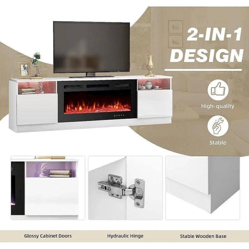 Meuble TV avec cheminée électrique de 36 pouces, meuble de divertissement et console pour téléviseurs jusqu'à 80 pouces pour le salon - 185 cm de large