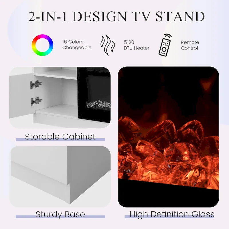 Meuble TV avec cheminée électrique de 36 pouces, meuble de divertissement et console pour téléviseurs jusqu'à 80 pouces pour le salon - 185 cm de large