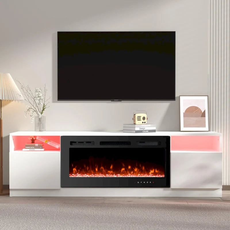 Meuble TV avec cheminée électrique de 36 pouces, meuble de divertissement et console pour téléviseurs jusqu'à 80 pouces pour le salon - 185 cm de large