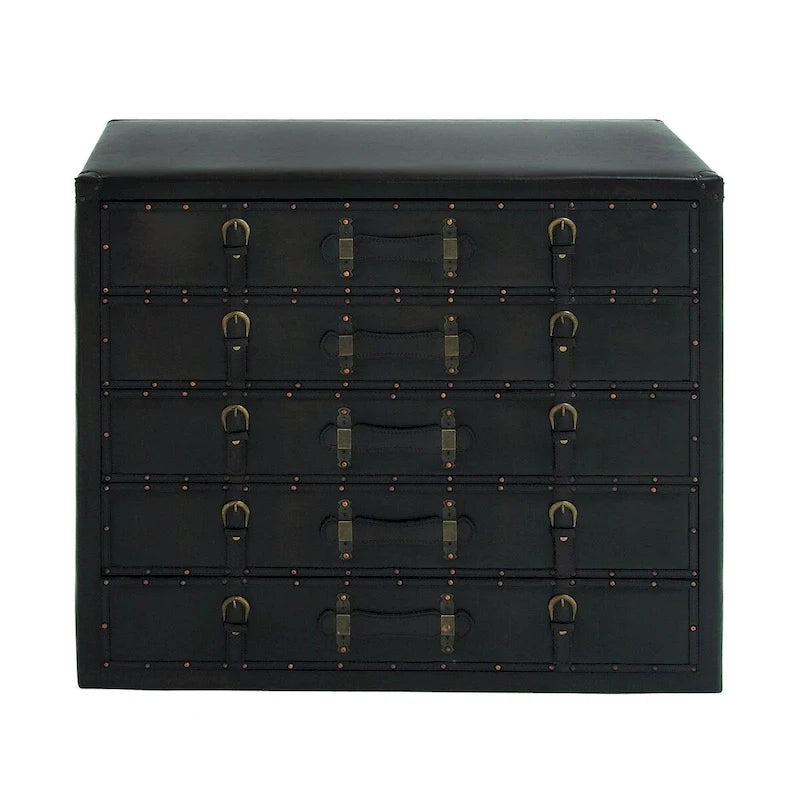 Malle de rangement vintage en bois et similicuir avec boucles et sangles - Noir