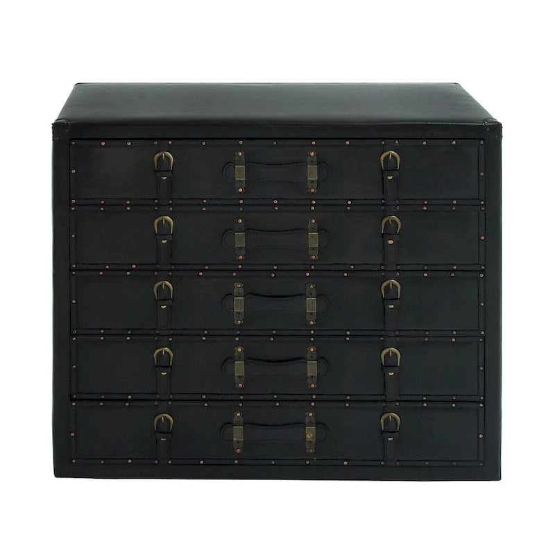 Wooden Vintage Faux Leather Room Chest with Buckles and Straps Detailing - Black - Roche River Decor