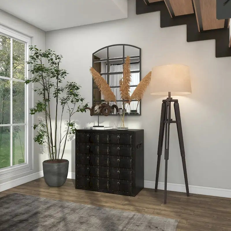 Malle de rangement vintage en bois et similicuir avec boucles et sangles - Noir