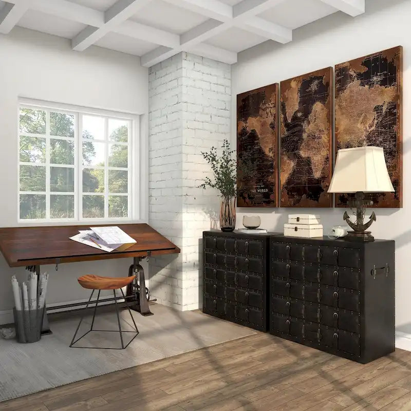 Malle de rangement vintage en bois et similicuir avec boucles et sangles - Noir